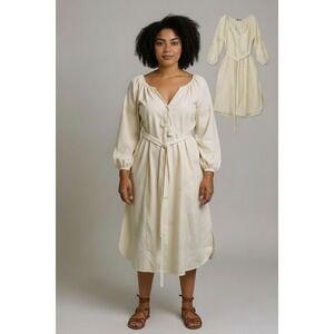 Zara Trafaluc Cream Embroidered Linen Blend Peasant Midi Dress Boho Woman SZ M